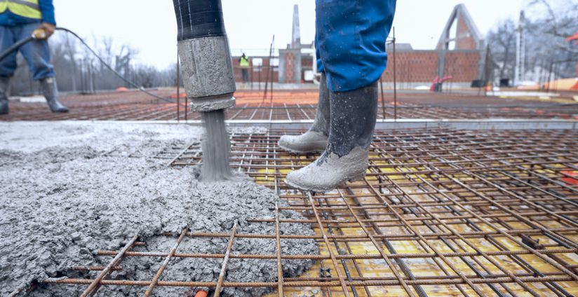 Concrete pouring on construction site with workers.