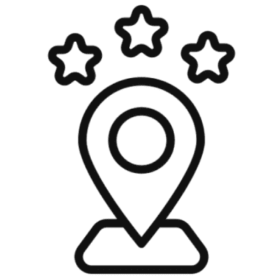 Location pin icon with three stars.