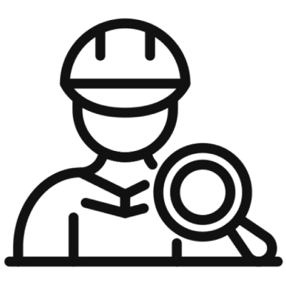Outlined worker with magnifying glass icon.
