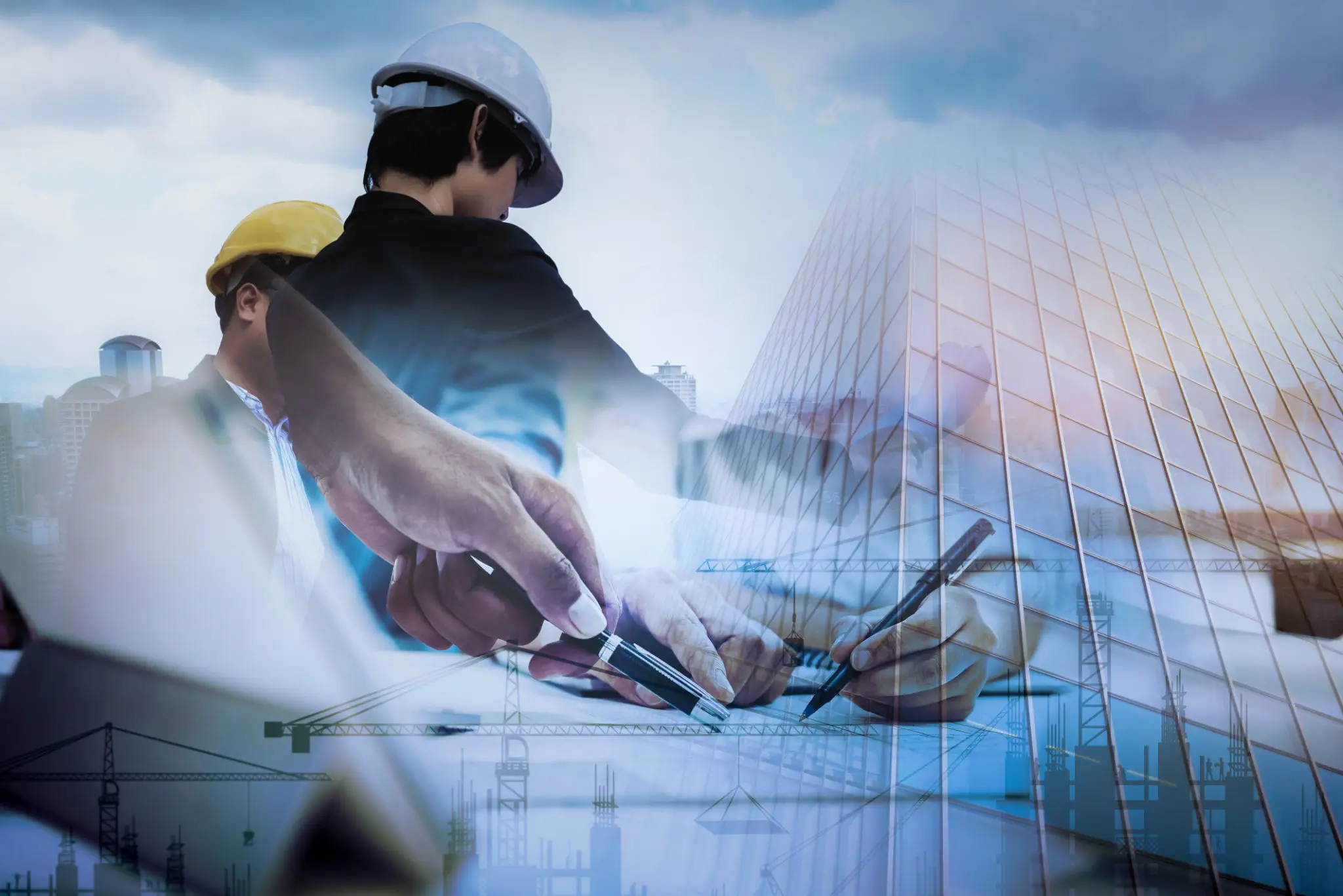 Business professionals shaking hands with cityscape background.